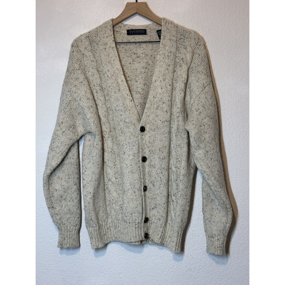 Claybrooke Outdoors Sweater Cardigan XL Ivory Wool Blend‎ Cable Knit Grandpa